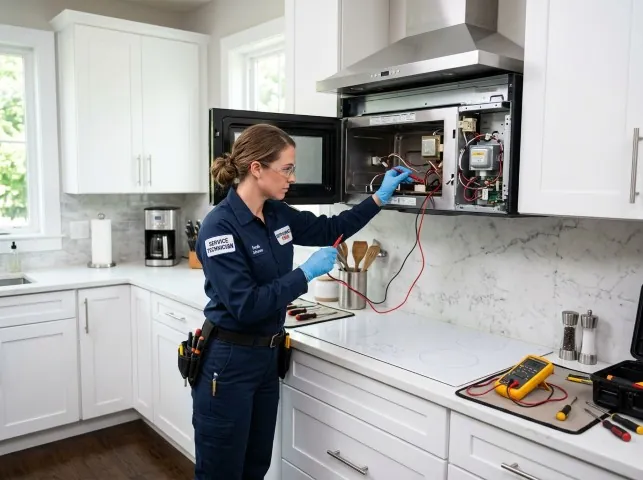 Appliance Repair Hero technician testing an over-the-range microwave in a Aldie, VA kitchen